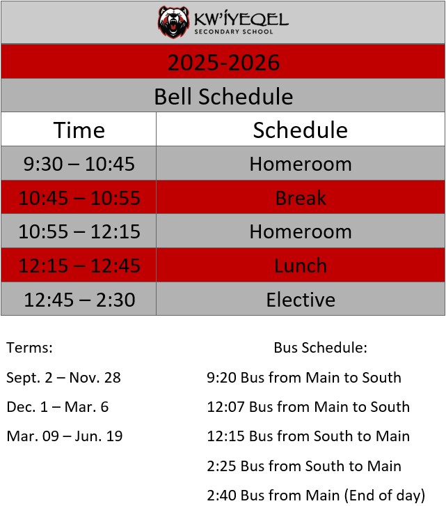 Bell schedule screenshot